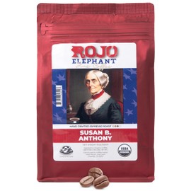 Rojo Elephant Susan B. Anthony Handcrafted Espresso Ground Coffee, Made From 100% Arabica Beans, Premium, Smooth, Rich Flavor, USDA Organic, 11 0z Pack