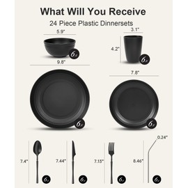 Quatish 48 Piece Plates and Bowls Sets for 6, Unbreakable Dinnerware Sets, Plastic Dish Set for Camping, Dishwasher Microwave Safe, Outdoor Kitchen and Apartment Dinning RV Essentials, Black
