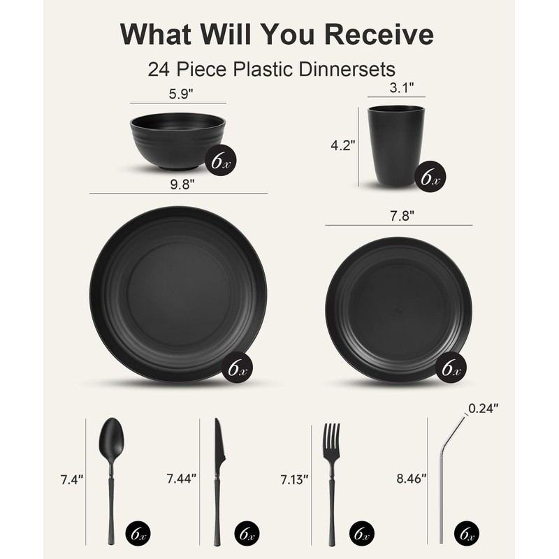 Quatish 48 Piece Plates and Bowls Sets for 6, Unbreakable