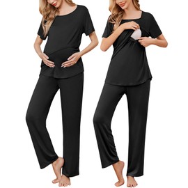 Ekouaer Women's Maternity Nursing Pajamas Sets Short Sleeve Postpartum Pregnancy Pajama for Hospital Breastfeeding PJS with Pants Black Medium