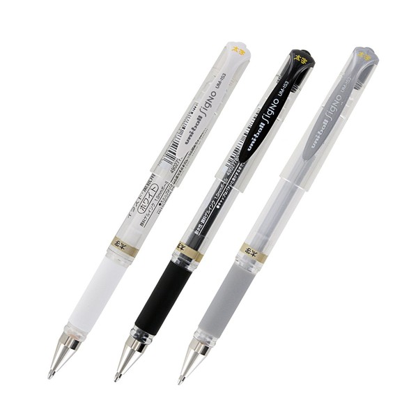 Uni-Ball Signo UM-153 Gel Ink Rollerball Pen, 1.0mm, Broad Point, White, Black and Silver Set of 3