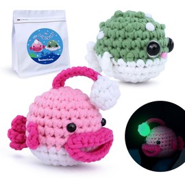 NestledCrafts Glow-in-The-Dark Crochet Kit for Beginners - Amigurumi Crochet Animal Kit with Anglerfish and Pufferfish, Step-by-Step Video Tutorials, Extra Yarn, Perfect for Kids and Adults