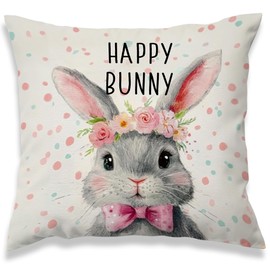 MNASAIOO Happy Bunny Easter Decorative Throw Pillow Covers, Cute Rabbit Gifts for Bunny Lovers Owners, Nursery Floral Bunny Pillow Cases Decor for Couch Bedroom Dorm 18x18in