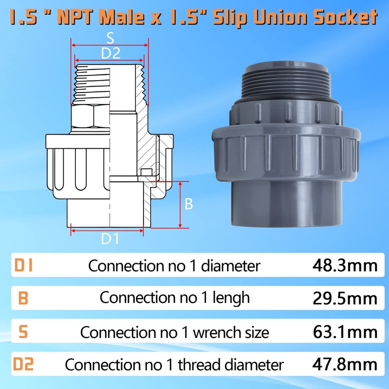 Boltigen 1-1/2 PVC Pool Pump Fitting Coupling, 1.5" NPT Male
