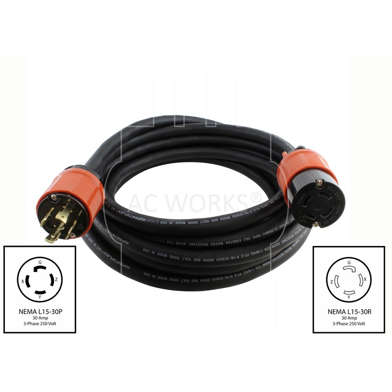 AC WORKS [L1530PR-010] 10FT SOOW 10/4 NEMA L15-30 30A 3-Phase