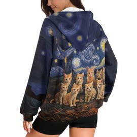 NRBEAWD Zip Up Drop Shoulder Hoodies Women Long Sleeve Hooded Sweatshirt Casual Jackets Streetwear Starry Night Cats Hoodies with Pocket