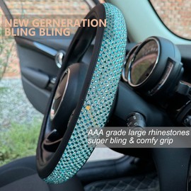 PINCTROT Bling Bling Comfy Steering Wheel Cover with Jumbo Crystal Rhinestones, Anti-Slip Diamond Leather, Universal 14.5-15 Inch (Sky Blue)