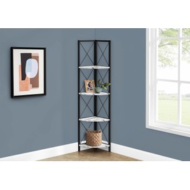 Monarch Specialties I 3651 Bookshelf, Bookcase, Etagere, Corner, 4 Tier, 60" H, Office, Bedroom, Metal, Laminate, White Marble Look, Black, Contemporary, Modern
