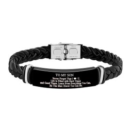 To My Son Inspirational Bracelet Gift from Mom Dad Never Forget I Love You - Black Braided Leather Bracelet for Teen Boy, To Son Gift, Christmas gift