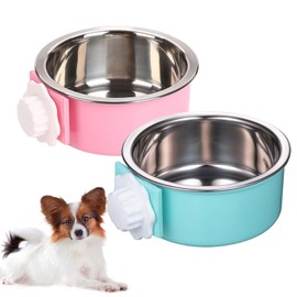 kathson Crate Dog Bowl, Removable Stainless Steel Hanging Pet Cage Bowl Food & Water Feeder Coop Cup for Cat, Puppy, Birds, Rats, Guinea Pigs (2 PCS, Size: M, Blue and Pink)