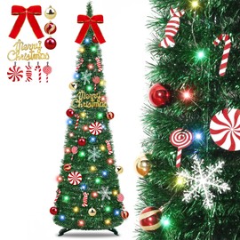 [ Timer ] 6 Ft Pop Up Christmas Tinsel Tree, Green Collapsible Christmas Tree with 50 Colorful Light 16 Candy 10 Ball 4 Snowflake Merry Christmas Bow DIY Ornaments Battery Operated Xmas Decor Indoor