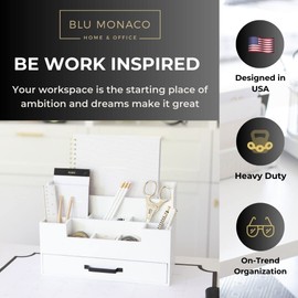 BLU MONACO White Wooden Desk Organizer with Drawer – Office Desk Caddy for Supplies and Accessories – Stylish Desktop Storage for Women