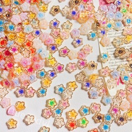 100Pcs Flower Nail Art Charms Gold Edge Resin Flower Nail Rhinestones Cute Summer Floral Nails Rhinestone Diamonds Kawaii Luxury Gold Edge Flowers Petals Nails Charms for Acrylic Nails DIY Nail Decor