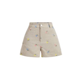 Floerns Girl's Summer Cute Floral Embroidery Straight Leg Casual Corduroy Shorts Beige 10 Years