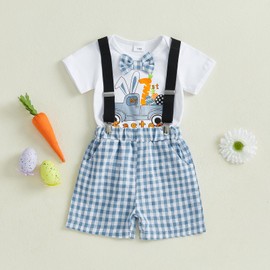 XIXIMAON Baby Boy My 1st Easter Outfit Car Letter Print Short Sleeve Romper Plaid Suspender Shorts 2 Pcs Cotton Clothes Set Infant Cartoon Overall (Blue, 6-12 Months)
