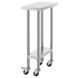 Happybuy 24 x 12 x 38 Inch Stainless Steel Work Table, 500 LBS Capacity, 4 Wheels, Adjustable Height, Heavy Duty Food Prep Table for Commercial Kitchens