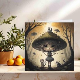 Cute Forest Girl Toadstool Greeting Card - Woodland Fantasy Kawaii 145 x 145mm