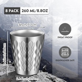 Mimorou 8 Pack Stainless Steel Cups Pint Cup Metal Double Layer Insulated Drinking Beer Water Tumbler Camping Reusable Stackable for Office Party Hot Cold Drink (Silver,8.8oz)