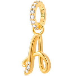 Complete Initial A-Z 26 Letter Dangle Charms, 18k Yellow Gold 925 Sterling Silver Dangle CZ Stone Alphabet Beads, Fits European Bracelet Necklace, Gift for Mother/Father/Daughter/Son, Sterling Silver