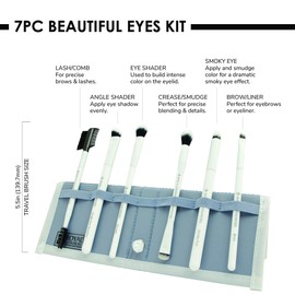 MODA Royal & Langnickel Travel Size Makeup Brushes Set with Bag 7 Pieces Includes Eyeshadow Brush, Wrinkle Lubricant, Eyeshadow, Smoky Eye, Eyebrow Liner and Eyelash Comb Brush - White