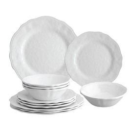 UPware 12 Piece Dimple Melamine Dinnerware Sets, Outdoor Dishes Set, Plates and Bowls Sets, Service for 4, White