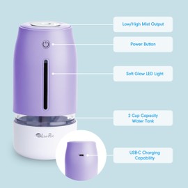 LivePure Cool Mist Humidifiers for Bedroom. Small Humidifier for Babies, Nursery, Plants, Office. Ultrasonic Cool Mist Humidifier w/Quiet Operation, USB-C Rechargeable. Lavender