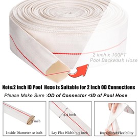 Product image Backwash Hose 2"ID x 100ft Swimming Pool Discharge Hose Heavy Duty PVC Water Hose With 2 Clamps General Purpose Lay-Flat Pump Drain Pipe for Water Transfer Applications, White