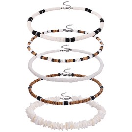 FINZOR 5Pcs Shell Surfer Necklace For Men Puka Shell Necklace Surfer Beach Shell Necklace Coconut Beads Necklace Summer Beach Necklace Hawaiin Shell Necklace
