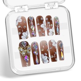 Brown Gradient Press on Nails Long Coffin Fake Nails Handmade Press on Nails 3D Luxury Colorful Rhinestone Designs Embossed Butterfly White Flower False Nails Bling Acrylic Nails for Women (Size S)