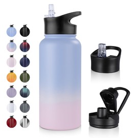 UMBFUN Stainless Steel Drinking Bottle – 1 Litre – with Straw, Leak-Proof, Suitable for Carbonated Drinks, BPA-Free Thermos Bottle (+ 2 Lids) Vacuum Double Wall Insulation for Sports, Travel, Camping,