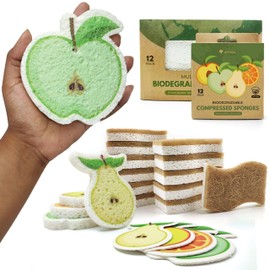 AIRNEX Pack of 12 Biodegradable Cellulose Compressed Sponges with Pack of 12 S-Shape Eco Dishwashing Sponges