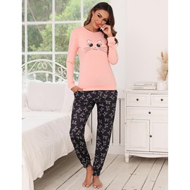 Bresdk Women's Long Winter Cotton Cute Snowflake Pattern Pyjamas Sleepwear for Women, Pink Cat Head