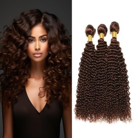 #4 Human Hair Bundles Dark Brown Deep Curly Weave Bundles Chocolate Brown Bundles Double Weft Brazilian Remy Hair Extensions Wet and Wavy Bundles Silky Soft for Black Women(24 26 28 Inch)
