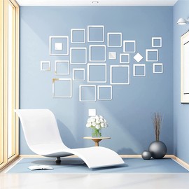 Hollow Square Mirror Wall Stickers, 24 PCS Removable 3D Acrylic Mirror Wall Sticker DIY Art Walls Decals, Non Glass Mirror Plastic Walls Sheet Tiles Office Living Room Bedroom Home Wall Decoration (B)