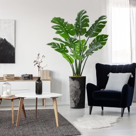 Artificial Tree in Black White Wood Tree Rings Pattern Planter, Fake Monstera Silk Tree for Indoor and Outdoor Home Decoration - 65" Overall Tall (Plant Pot Plus Tree)