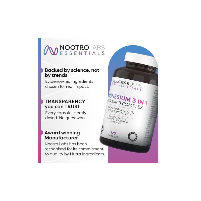 Nootro Essentials Magnesium 3-in-1 Capsules, High Strength Magnesium Supplements with