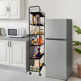 Seadasyoon 6 Tier 10in Slim Rolling Storage Cart with Handle, Mobile Shelving Unit with Wheels, Metal Wire Storage Rack with Baskets for Kitchen Bathroom Office Laundry Narrow Piaces