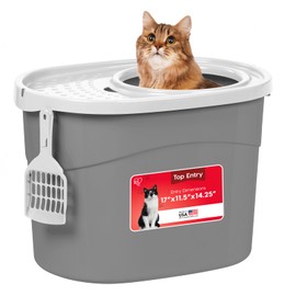 IRIS USA Large Top Entry Cat Litter Box with Lid Enclosed Covered Hooded Design Litter Catching Scatter Shield Pan Dog Proof Pet Proof Scoop Included Odor Control for Indoor Cats Kittens Gray/White