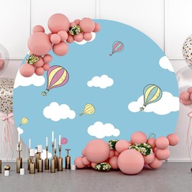 AOFOTO 7.2x7.2ft Cartoon Hot Air Balloons Round Backdrop Cover Blue Sky White Clouds Away Travel Adventure Theme Arch Photography Background for Kids Birthday Baby Shower Party Decor Photo Booth Props