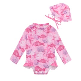 babygoal Toddler Baby Girl One-Piece Swimsuit Long Sleeve Rash Guard with Hat Set, Leopard Pint Zipper Toddler Bathing Suit for Beach & Pool- YZU13-18-24M-B