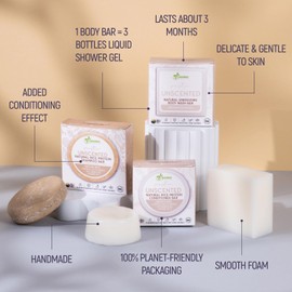 Solid Rice Protein Shampoo, Conditioner and Body Wash Bundle | Shampoo, Conditioner & Wash Bars For Hair and Body w/All Natural Plant Based Essential Oils & Zero Waste Packaging (Unscented)