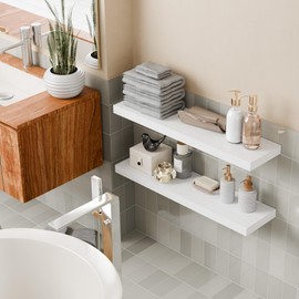 Sumbame 30 Inch Floating Shelves - Set of 2, 8" Deep White Wall Shelf with Invisible Bracket, Hanging Shelf for Bathroom, Bedroom, Kitchen, Living Room Decor