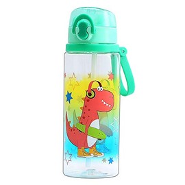 Cute Water Bottle with Straw for School Kids Boys, Soft Silicone Sipper & BPA FREE Tritan & Leak Proof One Click Open Flip Top & Easy Clean & Soft Carry Loop, 24oz / 700ml (Dinosaur with Sipper)