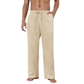 Puimentiua Cotton Linen Pants Men Casual Loose Fit Elastic Drawstring Waist Summer Beach Pants(Light Khaki, M)