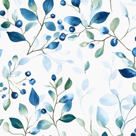 BOKEBEVE Blue Green Leaf Wallpaper Peel and Stick Boho Leaf Contact Paper for Bedroom Living Room Wall Cabinet Backsplash Renter Friendly 17.5 x 118In