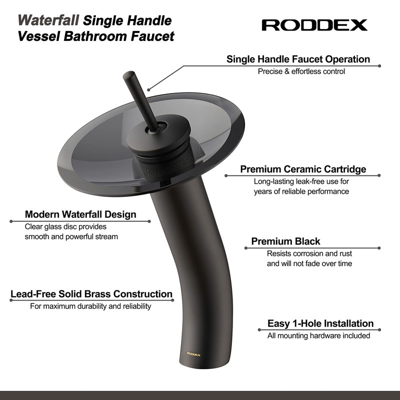 RODDEX Waterfall Bathroom Faucet Glass Single Handle Solid Brass Basin