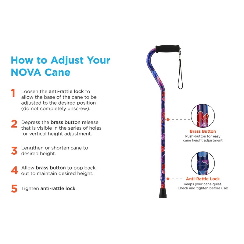 NOVA Designer Walking Cane with Offset Handle, Lightweight Adjustable Walking
