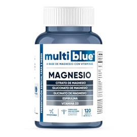 MultiBlue Triple Magnesio con 120 Cápsulas de 700 mg | Combinacion de Citrato de Magnesio, Gluconato de Magnesio y Glicinato de Magnesio | Espirulina y Vitamina D3 | 100% Natural, Sin Gluten