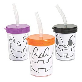 Fun Express 12 Pieces Color Your Own Jack-O'-Lantern Cups with Lids & Straws, BPA Free Plastic, Craft Kits, Multi-Color
