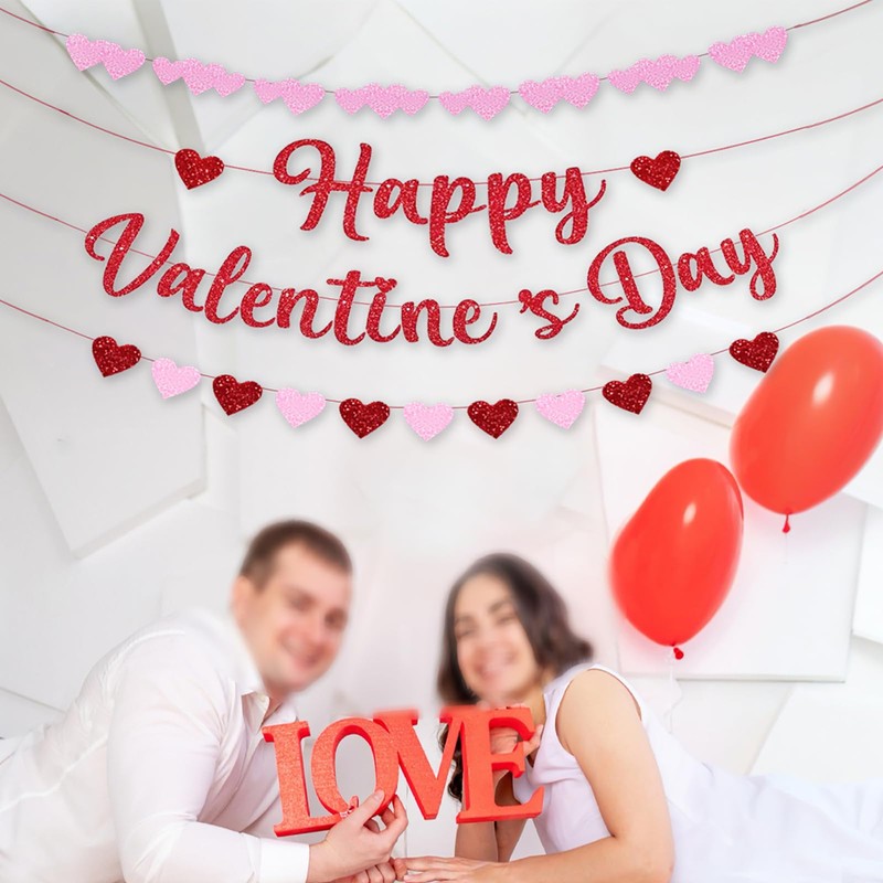 10 Feet Glitter Happy Valentine's Day Banner, No DIY Red